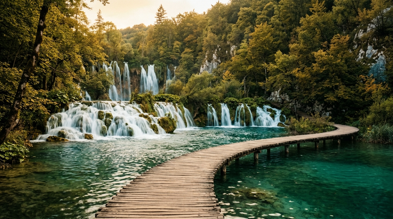 Плитвицкие озёра, бирюзовые каскады водопадов, деревянные мостки над водой, буковый лес