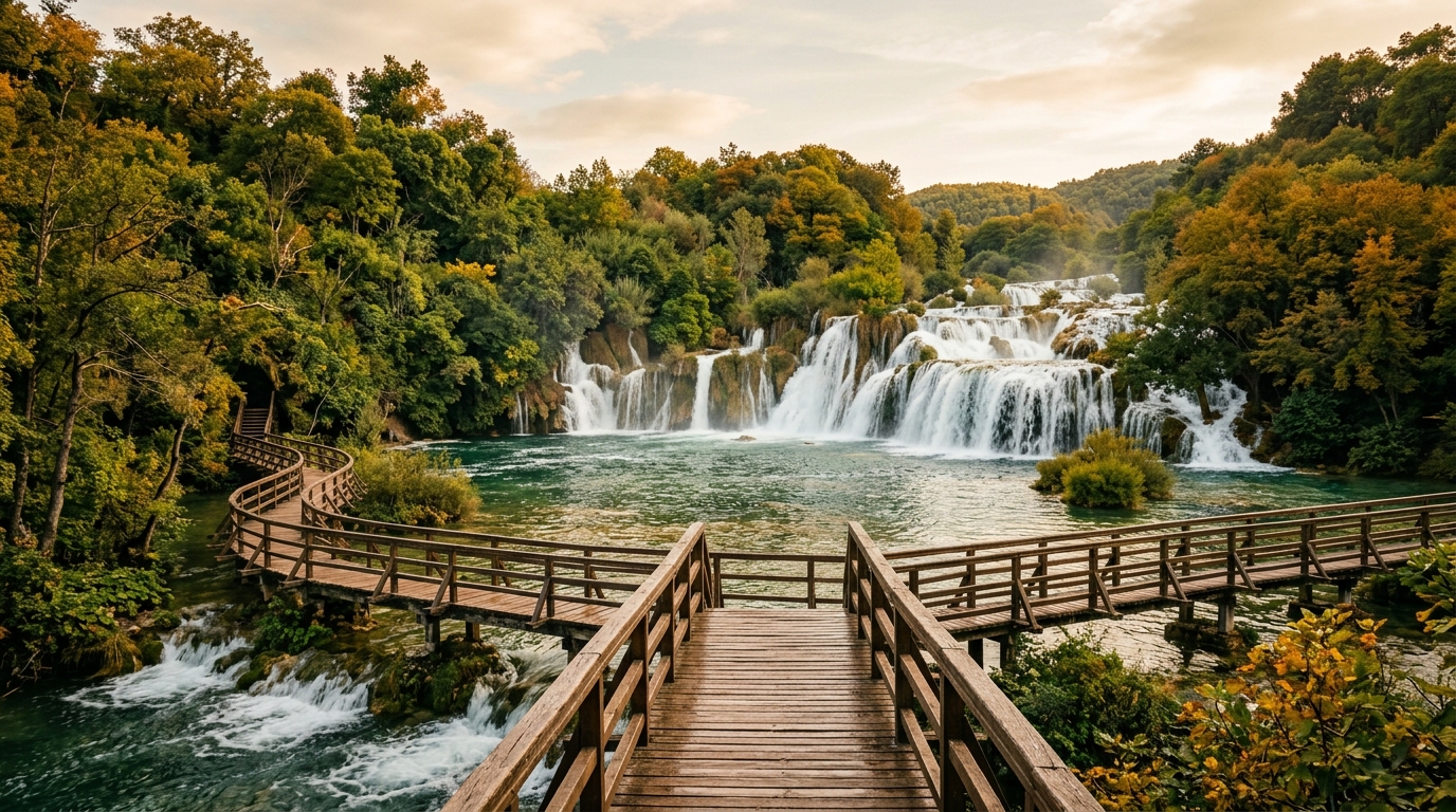 Водопад Скрадинский бук в нацпарке Крка, каскады воды, деревянные мостки, зелень
