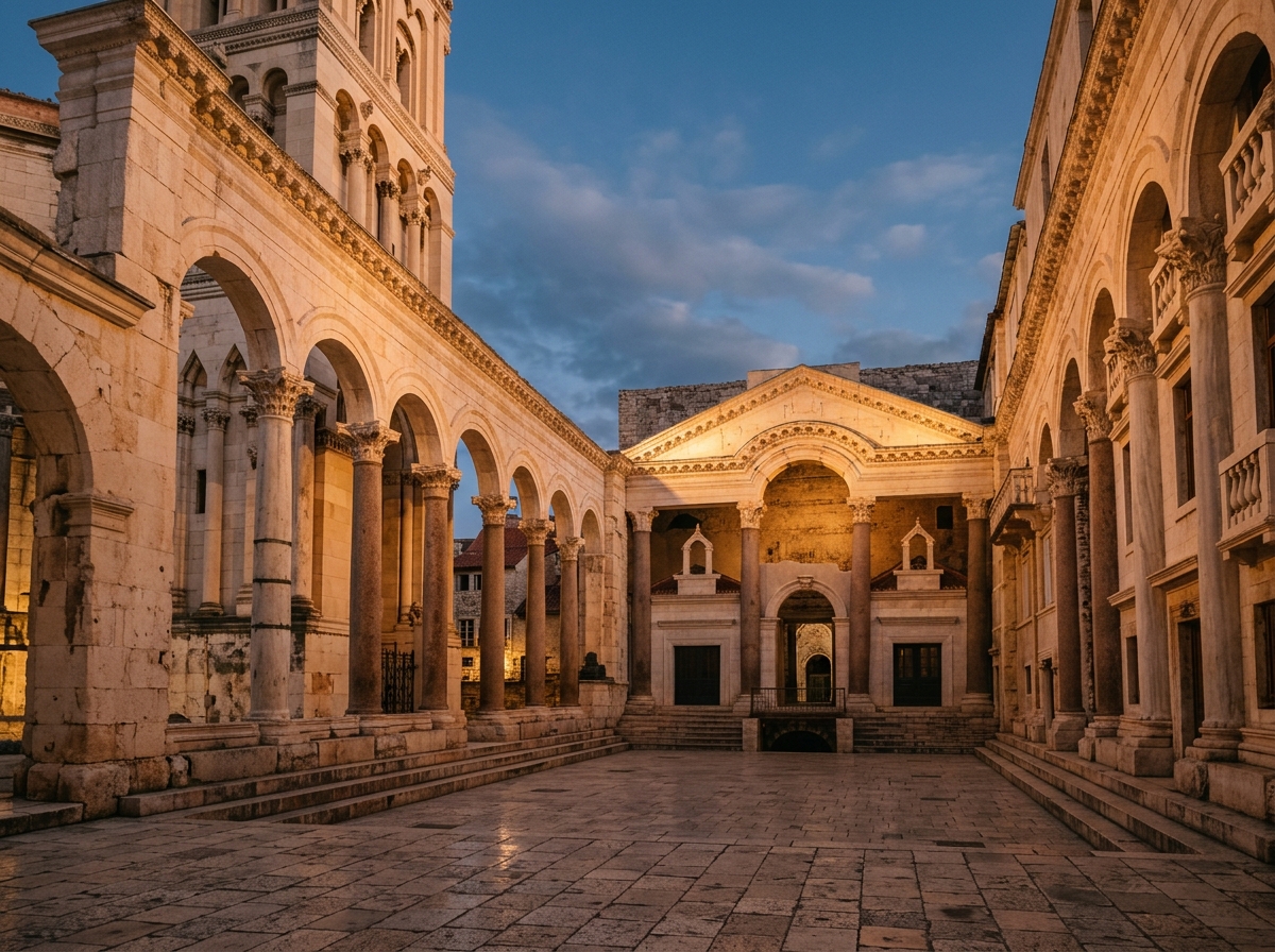 Перистиль Дворца Диоклетиана в Сплите, римские колонны, туристы на ступенях, тёплый вечерний свет