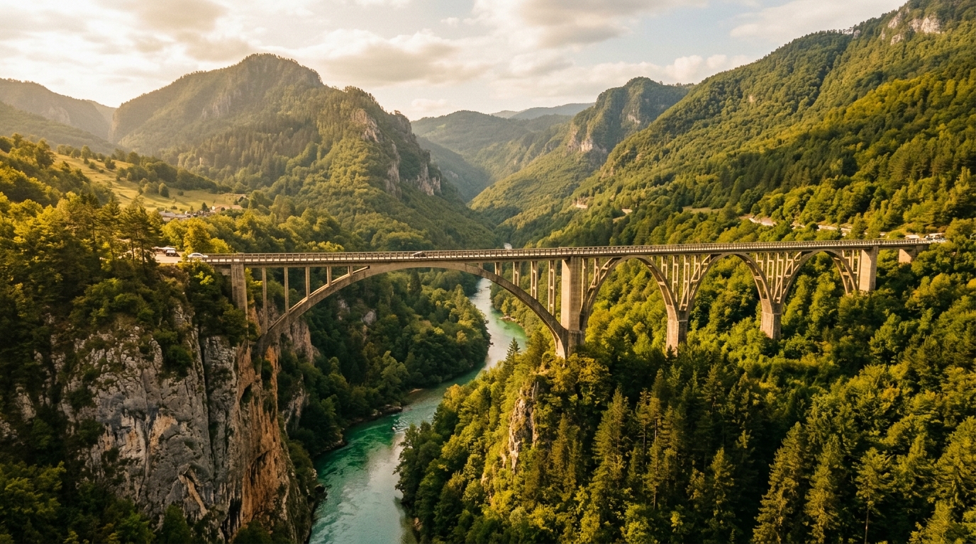 Мост Джурджевича Тара над глубоким каньоном, изумрудная река далеко внизу, лесистые склоны