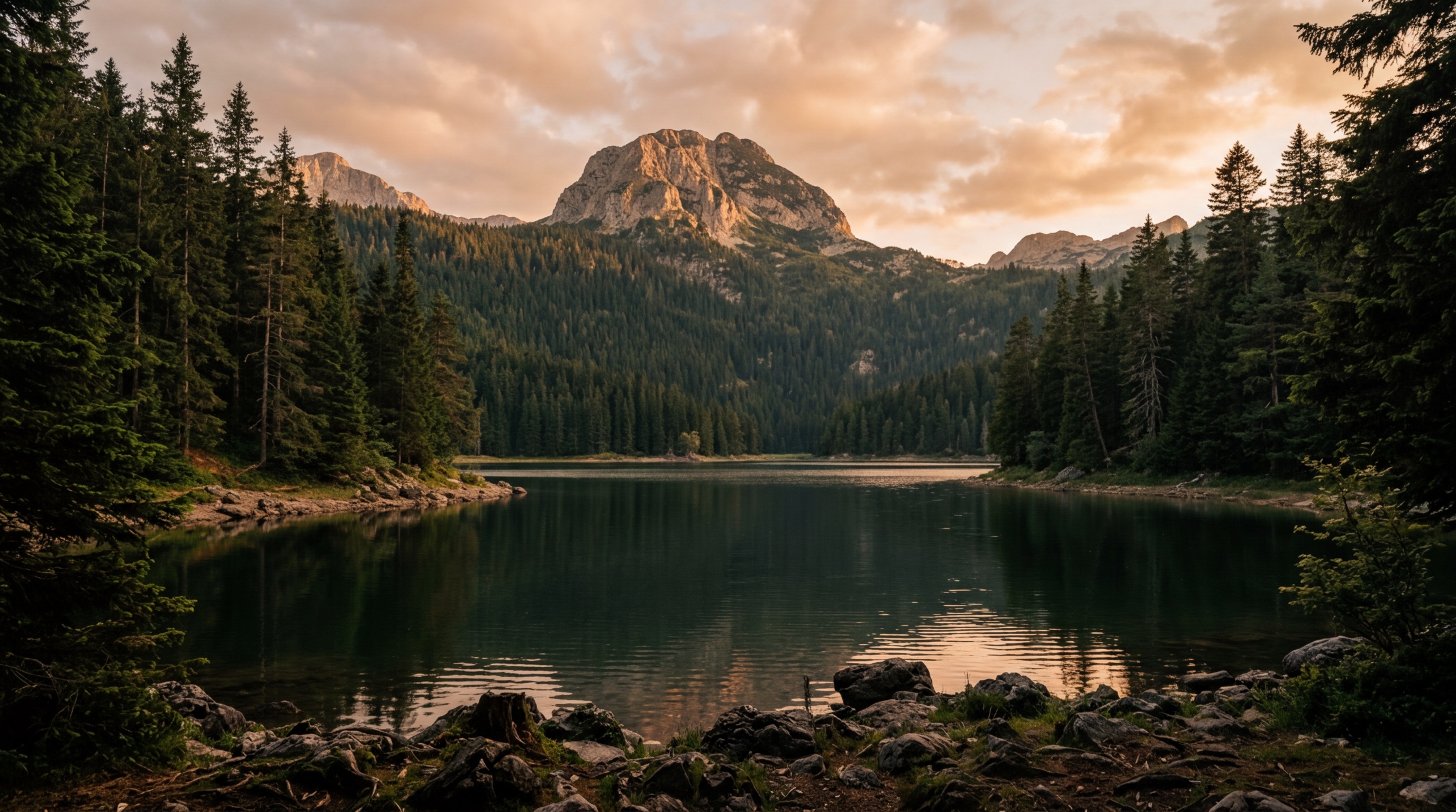Чёрное озеро в Дурмиторе, тёмно-зелёная вода окружена сосновым лесом, скалистый пик на заднем плане
