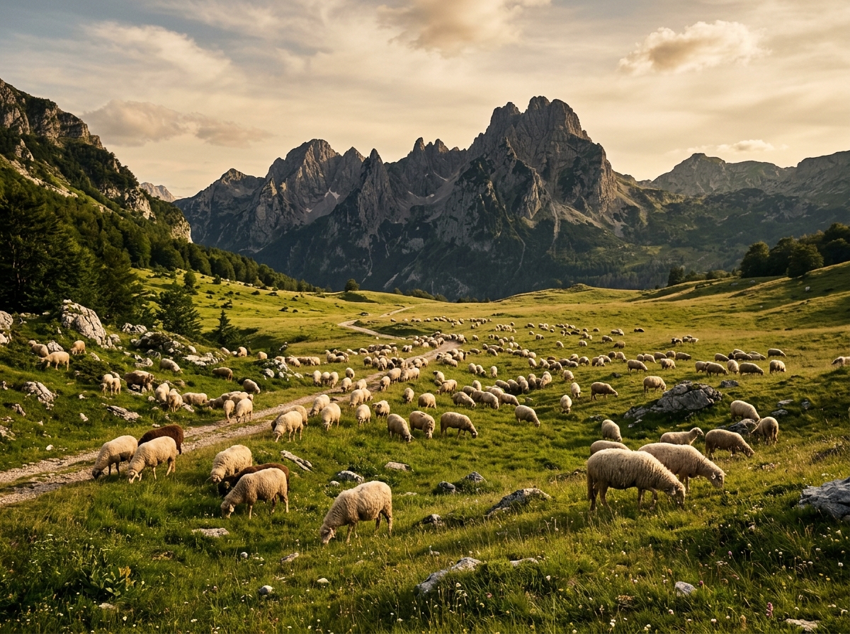 Горное пастбище на Дурмиторе, овцы на альпийском лугу, острые вершины на горизонте