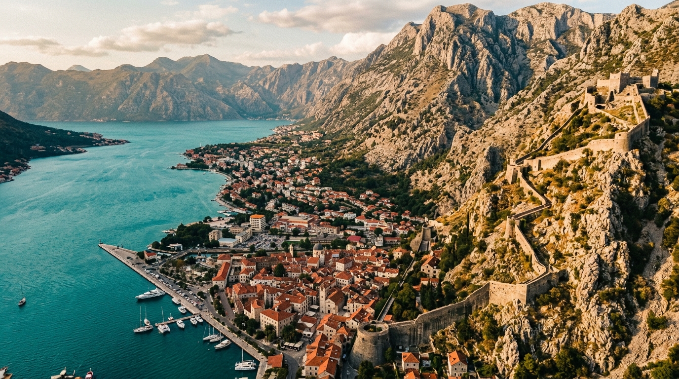 Вид на Старый город Котор сверху, крепостные стены поднимаются по горному склону, бирюзовая вода залива