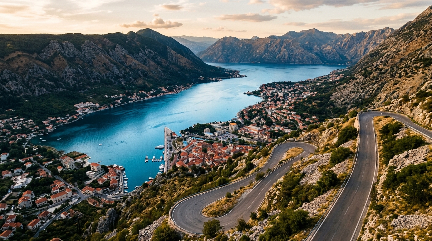 Серпантин над Которским заливом, вид с высоты на голубую воду и красные крыши городков внизу