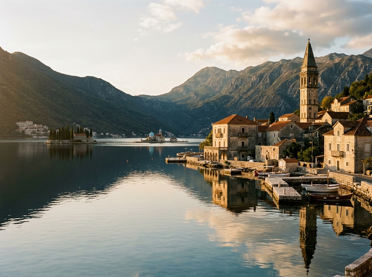 Пераст на берегу Которского залива, барочные дворцы отражаются в спокойной воде, два островка на заднем плане