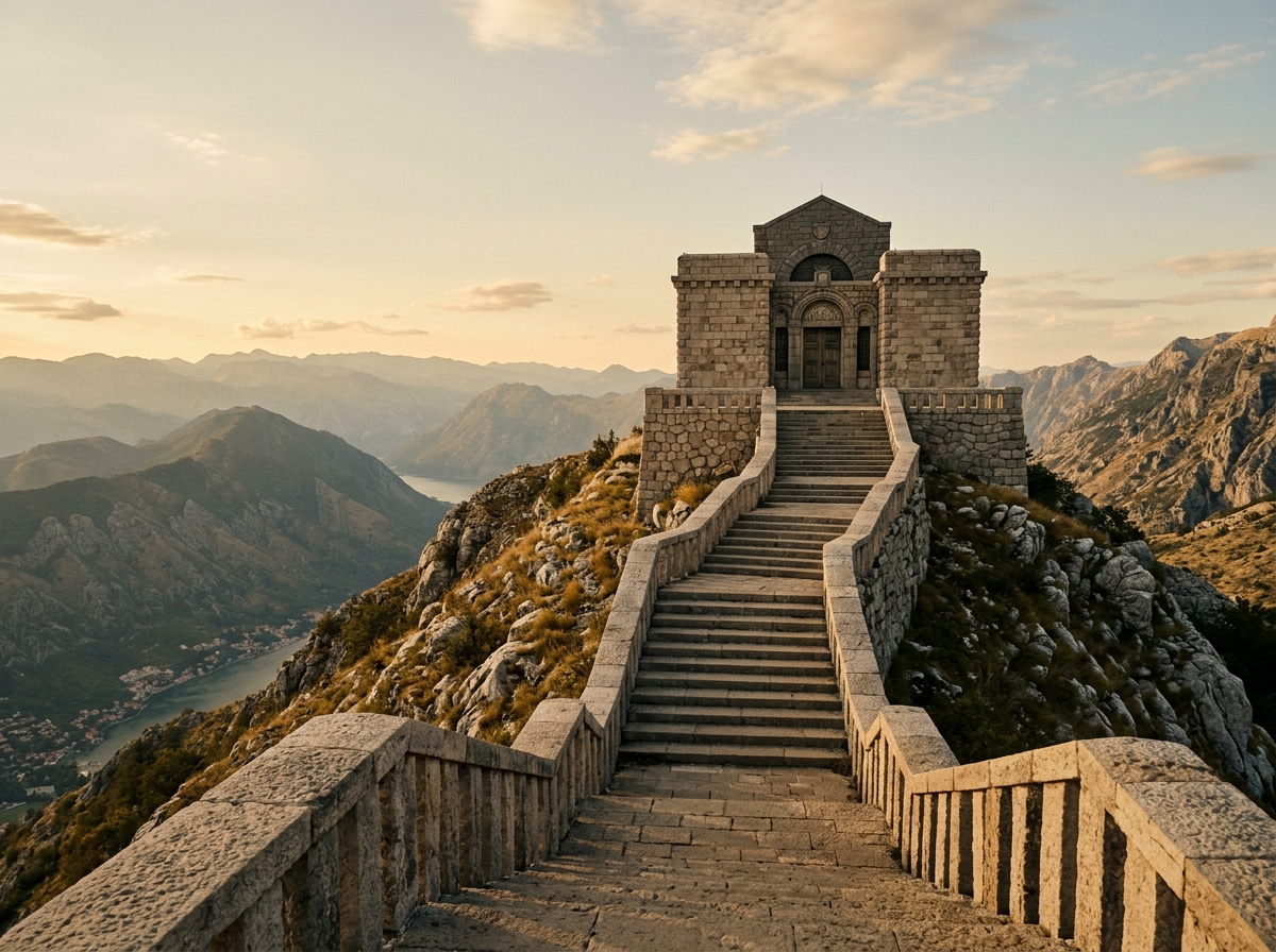 Мавзолей Негоша на вершине горы Ловчен, каменная лестница ведёт к монументальному входу, горная панорама на заднем плане