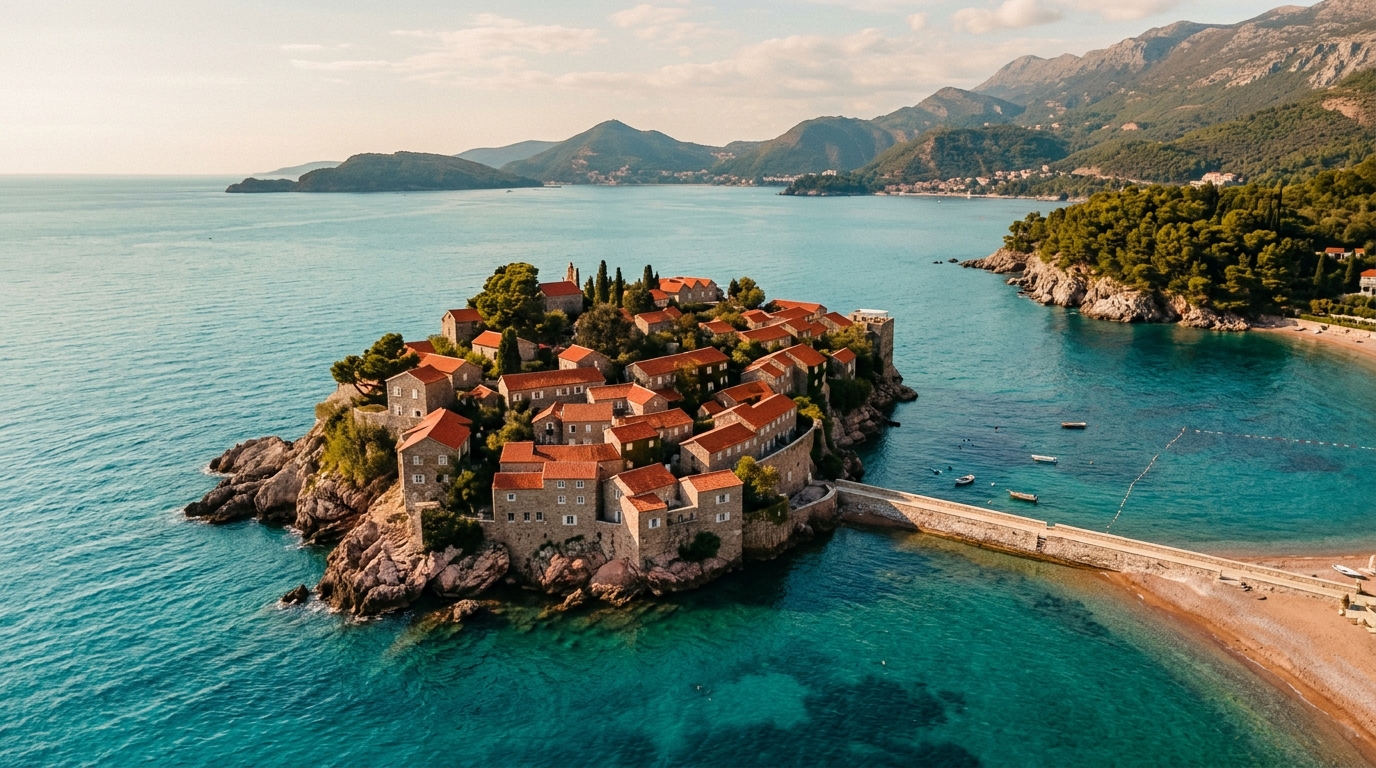 Остров Свети Стефан с высоты, красные крыши средневековых домов на фоне бирюзовой Адриатики
