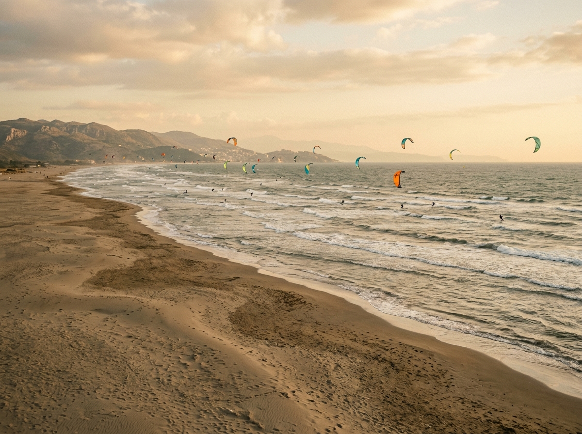 Велика Плажа в Улцине, широкий песчаный пляж уходит к горизонту, кайтсёрферы на волнах